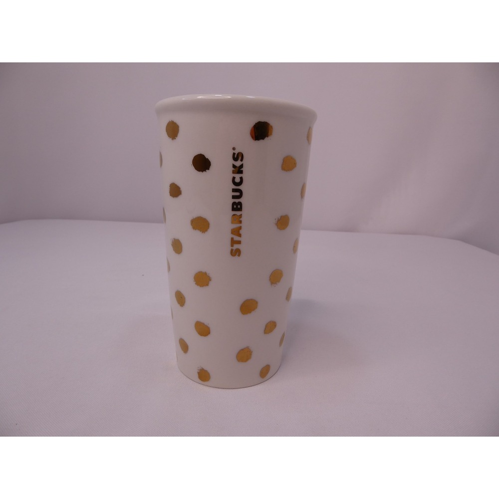 Starbucks 2014 White Gold Polka Dot Ceramic Double Wall Travel Tumbler Mug 10oz